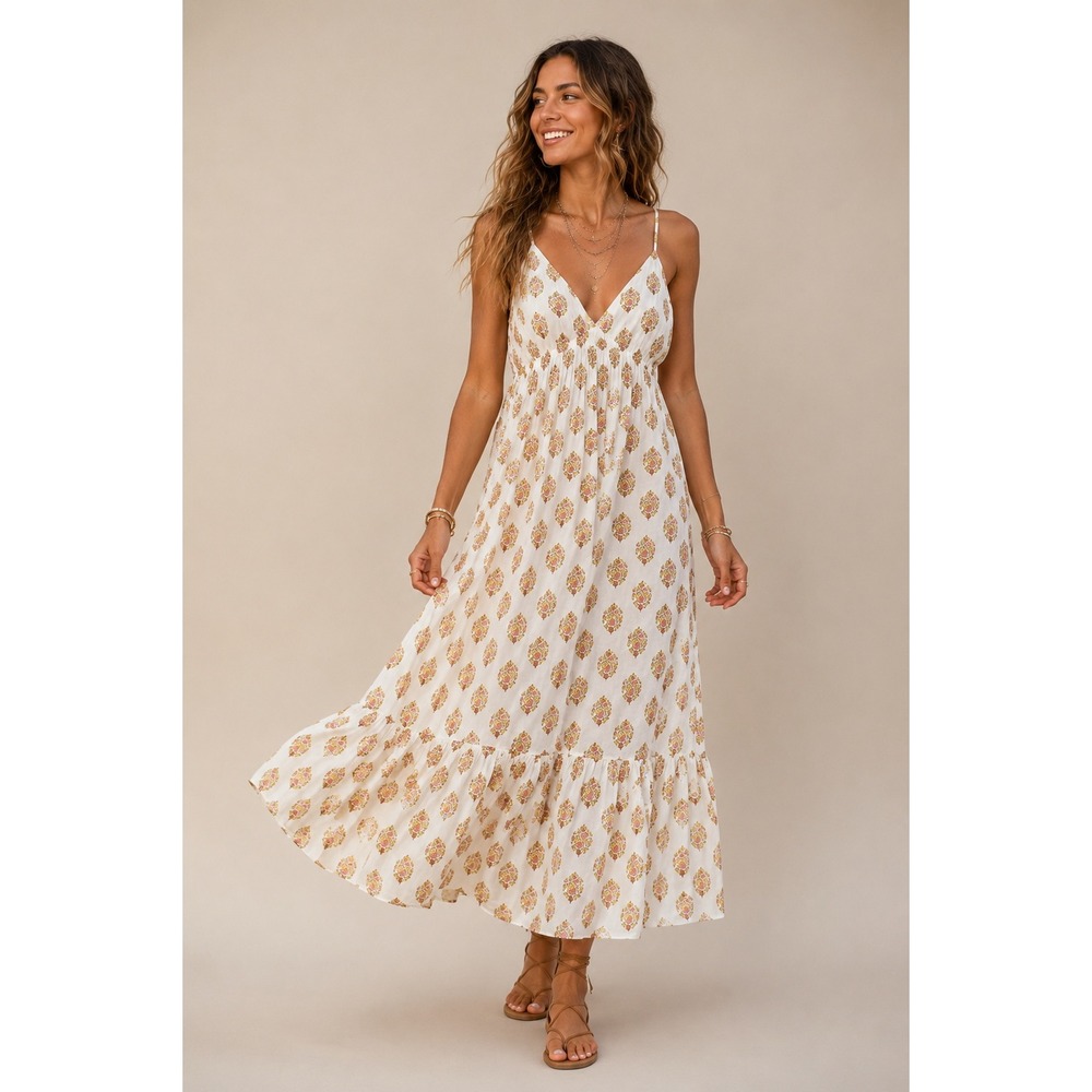 DIZZY‎ LIZZY Cotton Babydoll Maxi Dress XL Block Print Sundress Resort Festival